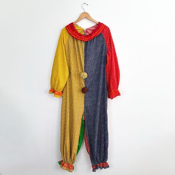 Handmade Unisex OS Color Block 70s Multi Mixed Dainty Floral 2 Pompom Clown Cost - Picture 2 of 11
